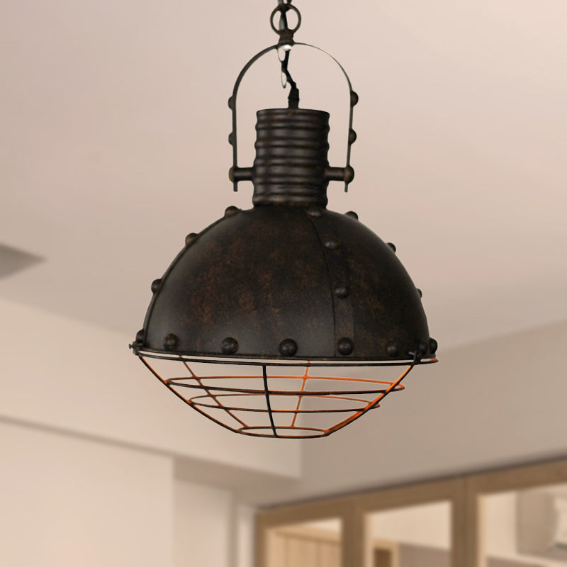 Domed Metal Ceiling Hanging Light Wrought Iron 1 Light Dining Room Pendant Lamp with Wire Guard and Rivets in Black/Green Clearhalo 'Art Deco Pendants' 'Black' 'Cast Iron' 'Ceiling Lights' 'Ceramic' 'Crystal' 'Industrial Pendants' 'Industrial' 'Metal' 'Middle Century Pendants' 'Pendant Lights' 'Pendants' 'Rustic Pendants' 'Tiffany' Lighting' 250023