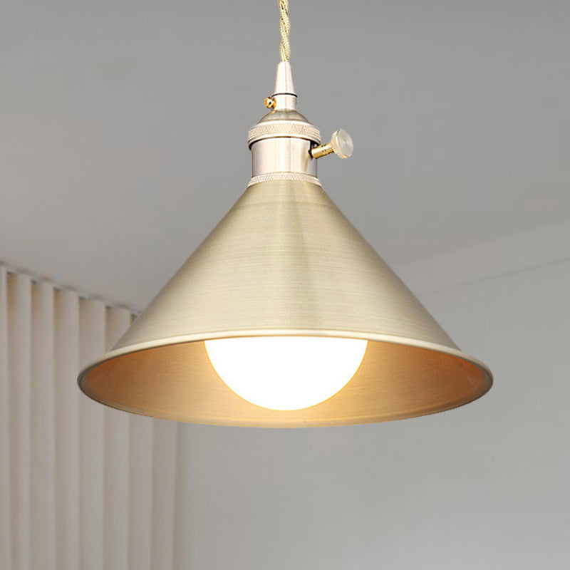 Metallic Brass Finish Pendant Light Fixture Tapered Shade 1 Light Mid Century Ceiling Light Brass A Clearhalo 'Art Deco Pendants' 'Cast Iron' 'Ceiling Lights' 'Ceramic' 'Crystal' 'Industrial Pendants' 'Industrial' 'Metal' 'Middle Century Pendants' 'Pendant Lights' 'Pendants' 'Tiffany' Lighting' 250399