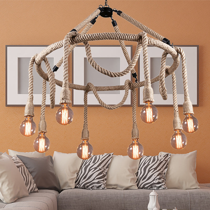 Adjustable Rope Chandelier Pendant Light with Bare Bulb Farmhouse Multi Light Bar Ceiling Fixture in Beige Beige 31.5