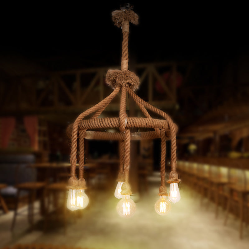 Adjustable Rope Chandelier Pendant Light with Bare Bulb Farmhouse Multi Light Bar Ceiling Fixture in Beige Beige 19.5