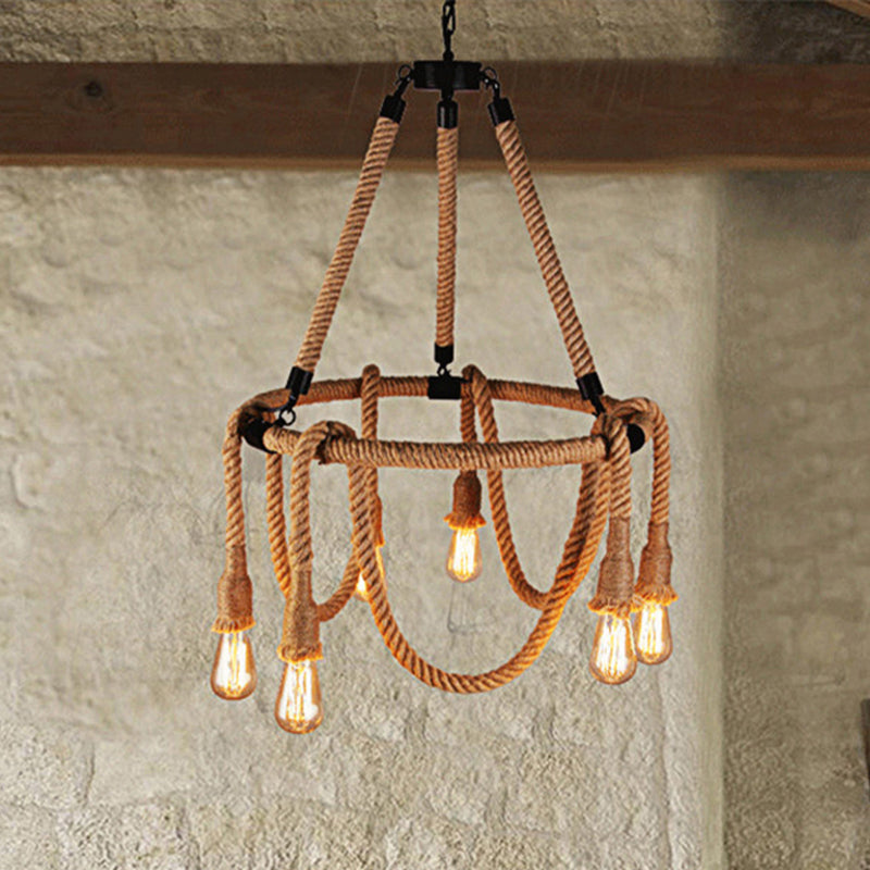 Adjustable Rope Chandelier Pendant Light with Bare Bulb Farmhouse Multi Light Bar Ceiling Fixture in Beige Beige 23.5