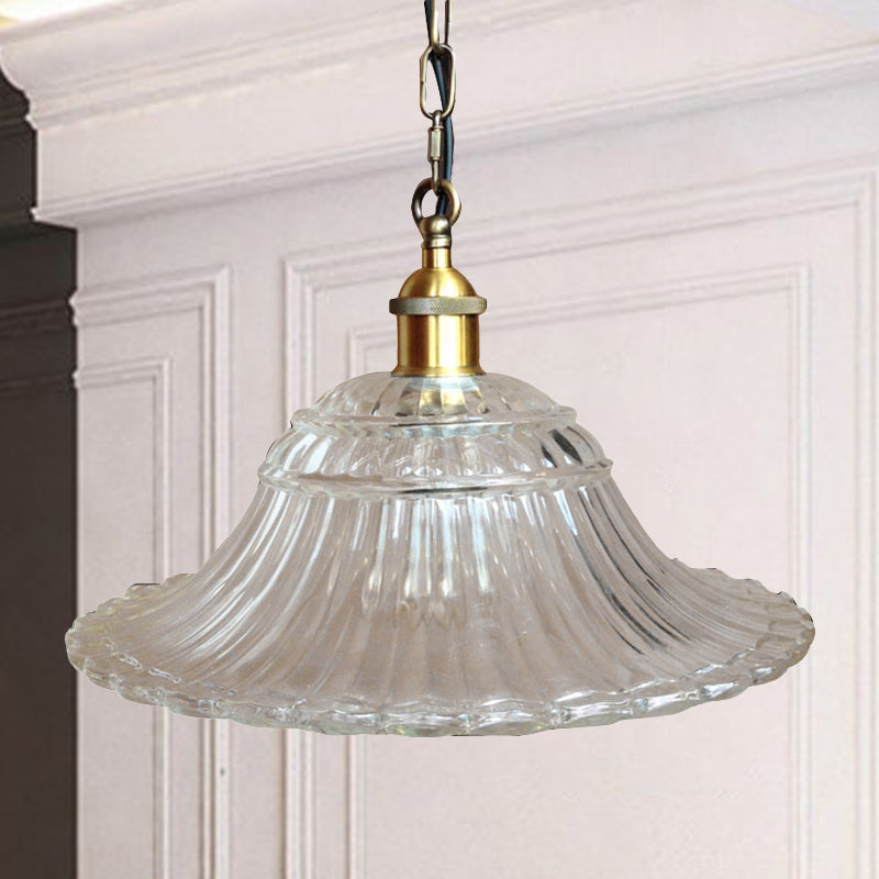 1 Light Scalloped Pendant Lighting Fixture Vintage Brass Ribbed Glass Hanging Ceiling Light Clearhalo 'Ceiling Lights' 'Close To Ceiling Lights' 'Glass shade' 'Glass' 'Industrial Pendants' 'Industrial' 'Middle Century Pendants' 'Pendant Lights' 'Pendants' 'Tiffany' Lighting' 250483