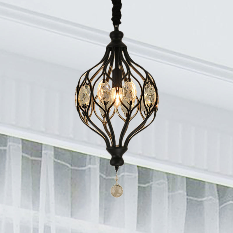 Wire Cage Pendant Light Fixture Contemporary Metal 1 Light Black/Brass Pendulum Light with Crystal Accent Clearhalo 'Ceiling Lights' 'Modern Pendants' 'Modern' 'Pendant Lights' 'Pendants' Lighting' 250531