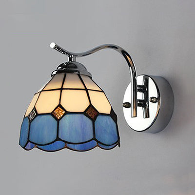 Industrial Vintage Gooseneck Wall Light Stained Glass 1 Light Wall Sconce Lighting in Clear/Blue Clearhalo 'Industrial' 'Middle century wall lights' 'Tiffany wall lights' 'Tiffany' 'Wall Lamps & Sconces' 'Wall Lights' Lighting' 25062