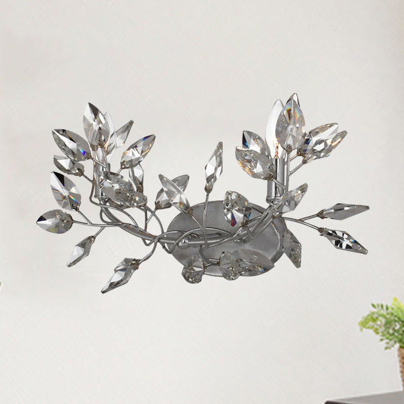 Leaf Sconce Light Modern Crystal 2 Lights Gold/Silver Wall Mount Light for Living Room Silver Clearhalo 'Art deco wall lights' 'Cast Iron' 'Glass' 'Industrial wall lights' 'Industrial' 'Middle century wall lights' 'Modern' 'Rustic wall lights' 'Tiffany' 'Traditional wall lights' 'Wall Lamps & Sconces' 'Wall Lights' Lighting' 250635