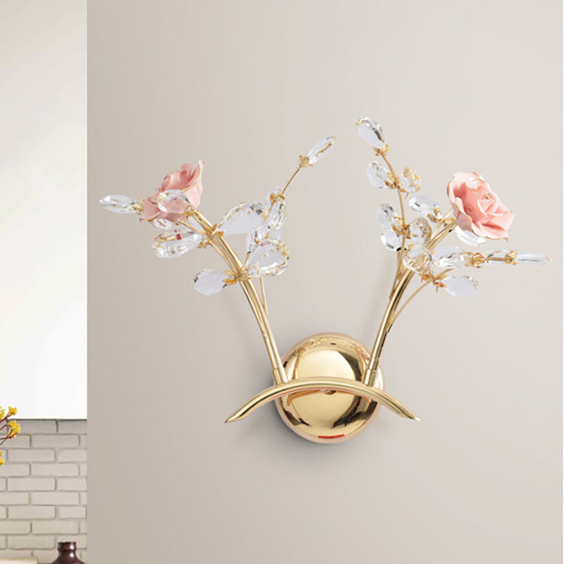 Rose Sconce Lamp with Crystal Leaf Vintage Metal 2 Lights Gold Wall Mount Light for Living Room Clearhalo 'Art deco wall lights' 'Industrial wall lights' 'Industrial' 'Middle century wall lights' 'Tiffany' 'Wall Lamps & Sconces' 'Wall Lights' Lighting' 250720