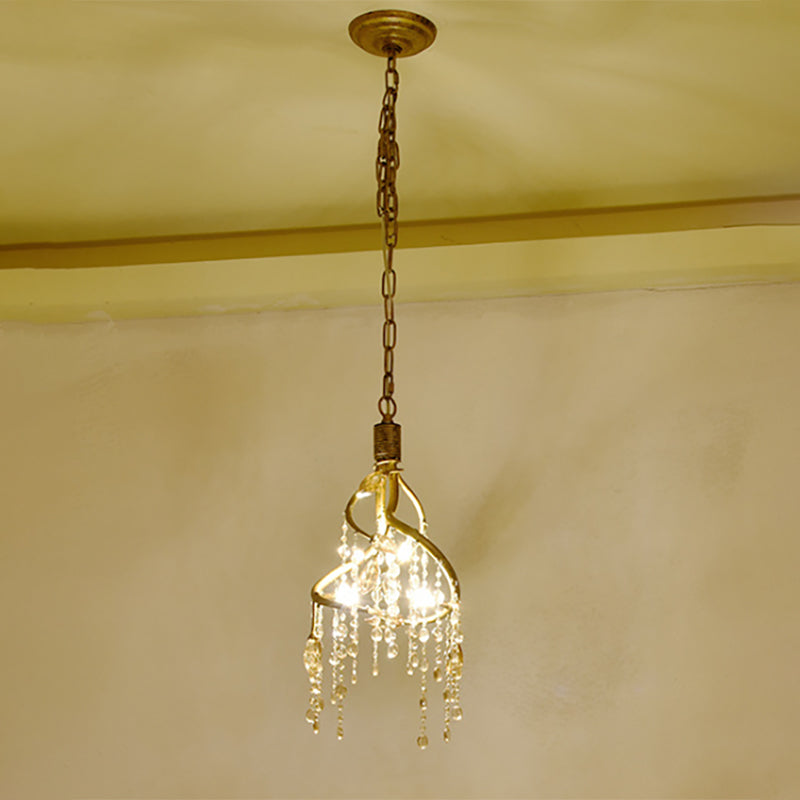 Vintage Branch Ceiling Light Metal 4 Lights Dining Room Chandelier Light with Crystal Accent Brass Clearhalo 'Ceiling Lights' 'Chandeliers' 'Modern Chandeliers' 'Modern' Lighting' 251201