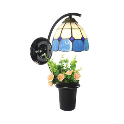 Dome Sconce Light Tiffany Stain Glass 1 Head Yellow/Clear/Blue Wall Light Fixture with Flower Decoration Blue Clearhalo 'Industrial' 'Middle century wall lights' 'Tiffany wall lights' 'Tiffany' 'Wall Lamps & Sconces' 'Wall Lights' Lighting' 25146