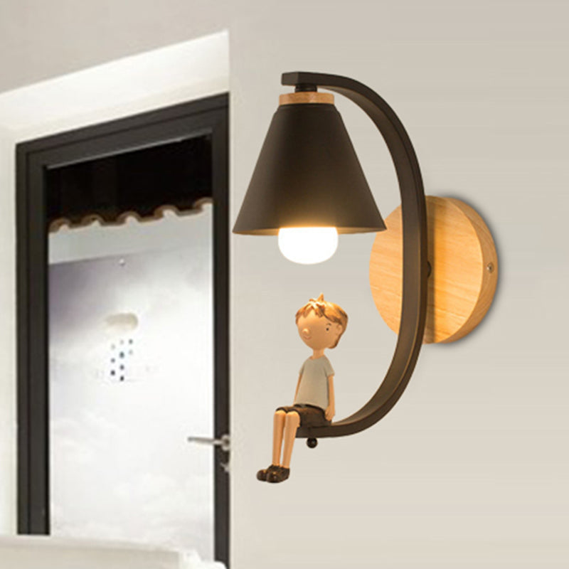 Cone Shade Sconce Light with Boy Deco 1 Head Metal Wall Lamp for Child Bedroom Foyer Black Clearhalo 'Wall Lamps & Sconces' 'Wall Lights' Lighting' 251547