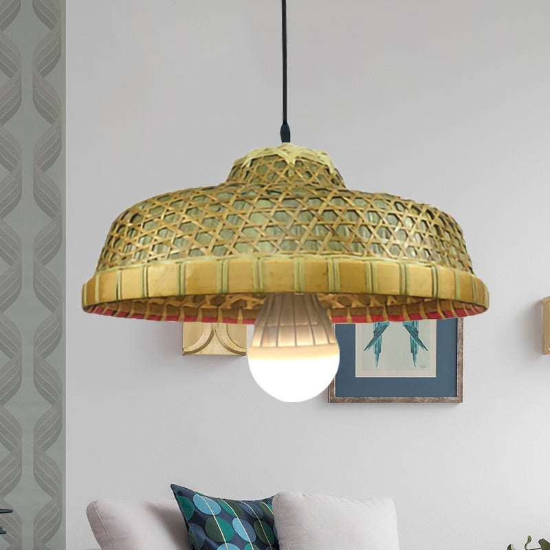 Single Light Hat-Shaped Hanging Lamp Rustic Bamboo Drop Light for Restaurant Clearhalo 'Ceiling Lights' 'Pendant Lights' 'Pendants' Lighting' 251670