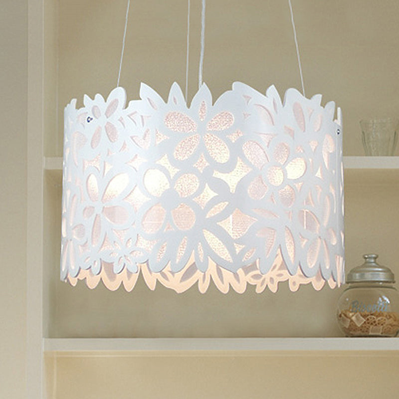White Floral Pendant Light with Drum Shade Kids Iron Wrought Hanging Light for Dining Room White Clearhalo 'Ceiling Lights' 'Pendant Lights' 'Pendants' Lighting' 252094_78e62471-a0b5-4d25-b1f7-1be9f84a6976