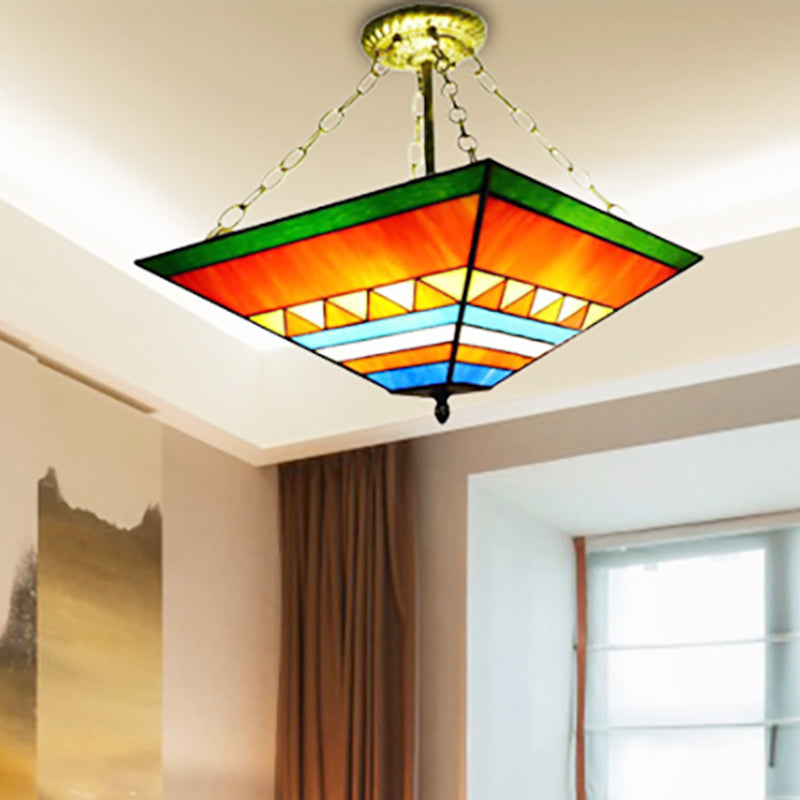 Tiffany Stylish Inverted Semi Flush Mount Light with Trapezoid Stained Shade Glass Ceiling Lamp in Orange/Yellow Clearhalo 'Ceiling Lights' 'Close To Ceiling Lights' 'Close to ceiling' 'Glass shade' 'Glass' 'Pendant Lights' 'Semi-flushmount' 'Tiffany close to ceiling' 'Tiffany' Lighting' 252212