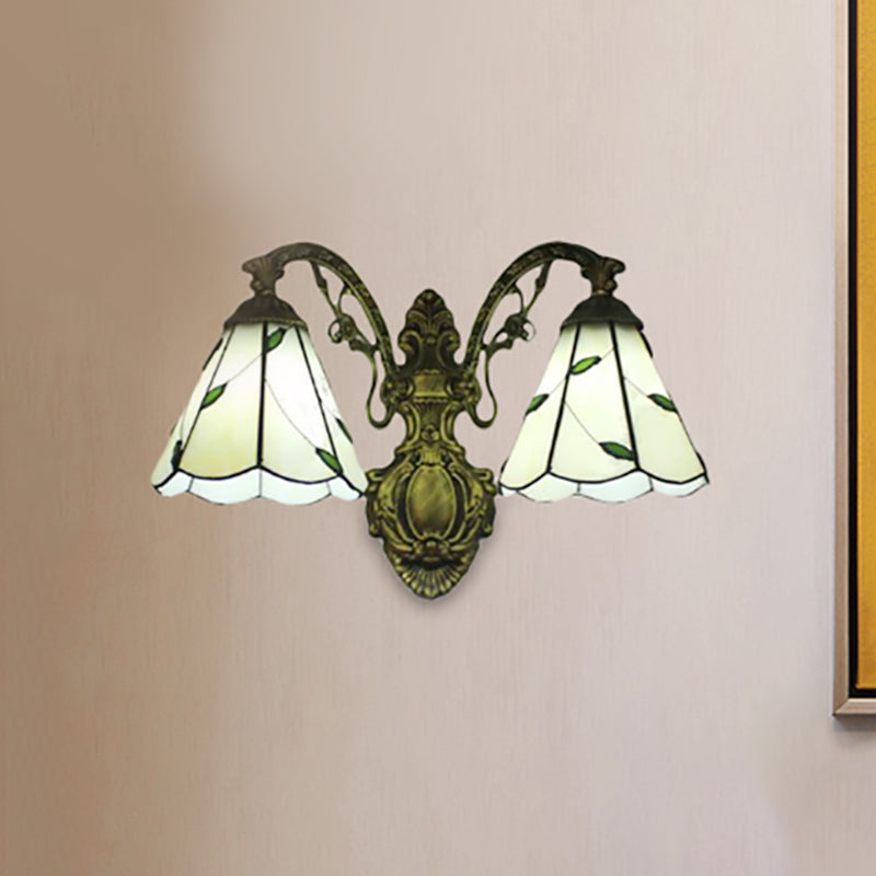 Leaf Wall Mount Light 2 Lights Stained Glass Rustic Sconce Lighting for Bedroom Brass Clearhalo 'Industrial' 'Middle century wall lights' 'Tiffany wall lights' 'Tiffany' 'Wall Lamps & Sconces' 'Wall Lights' Lighting' 252242