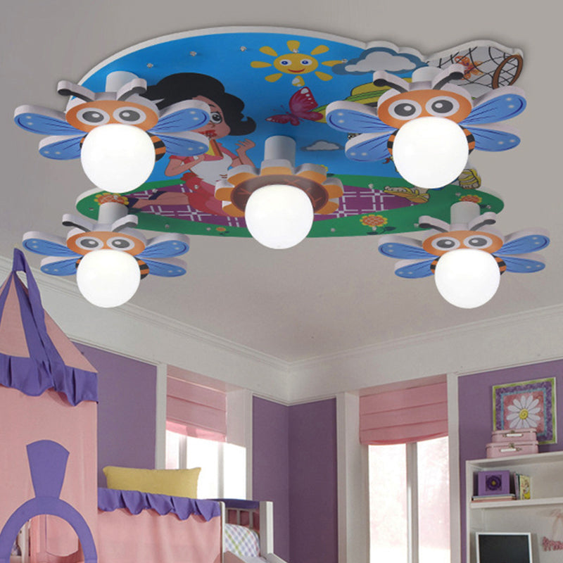 Wood Bee Ceiling Mount Light 5 Heads Cartoon Flush Light in Blue for Nursing Room Foyer Blue Clearhalo 'Ceiling Lights' 'Close To Ceiling Lights' 'Close to ceiling' 'Flush mount' Lighting' 252310