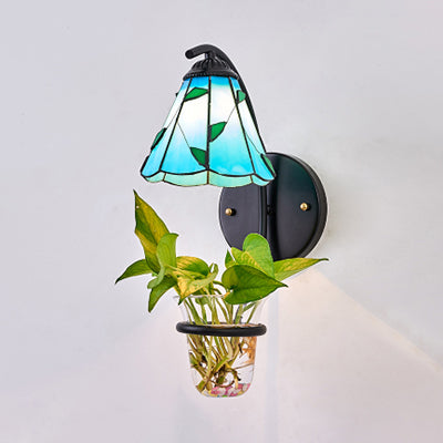 Cone Sconce Lighting 1 Head Beige/Blue Glass Tiffany Wall Mount Light with Plant Decoration Blue Clearhalo 'Industrial' 'Middle century wall lights' 'Tiffany wall lights' 'Tiffany' 'Wall Lamps & Sconces' 'Wall Lights' Lighting' 25239