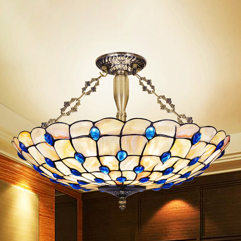 Yellow/Beige Bowl Ceiling Light Retro Style Stained Glass 12