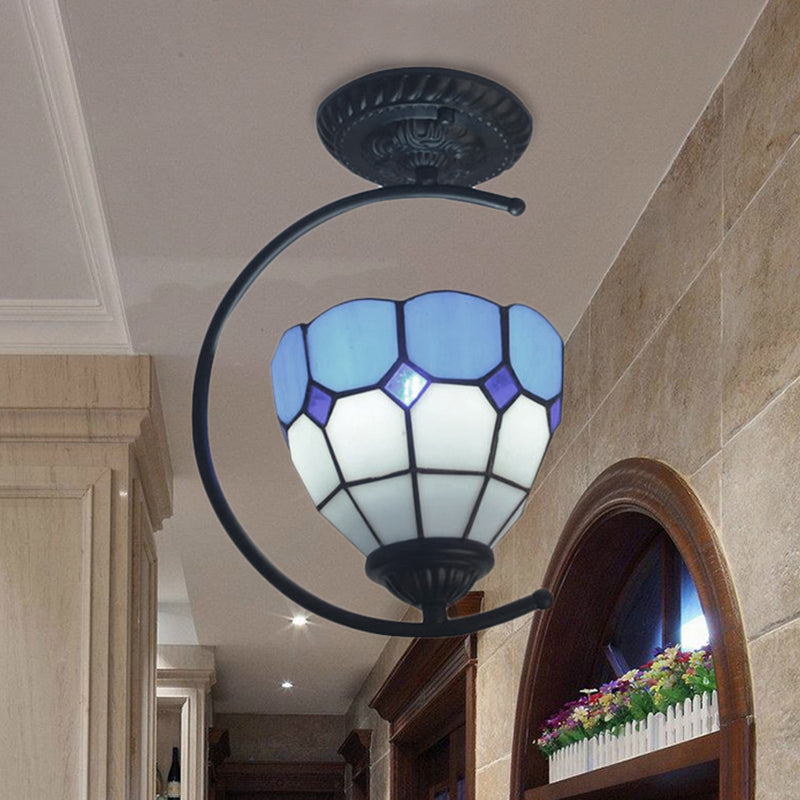 Bedroom Grid Dome Semi Flushmount Light Art Glass 1 Light Tiffany Classic Ceiling Lamp in Sky Blue/Blue Blue Clearhalo 'Ceiling Lights' 'Close To Ceiling Lights' 'Close to ceiling' 'Glass shade' 'Glass' 'Semi-flushmount' 'Tiffany close to ceiling' 'Tiffany' Lighting' 252517