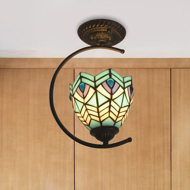 Bedroom Grid Dome Semi Flushmount Light Art Glass 1 Light Tiffany Classic Ceiling Lamp in Sky Blue/Blue Sky Blue Clearhalo 'Ceiling Lights' 'Close To Ceiling Lights' 'Close to ceiling' 'Glass shade' 'Glass' 'Semi-flushmount' 'Tiffany close to ceiling' 'Tiffany' Lighting' 252519