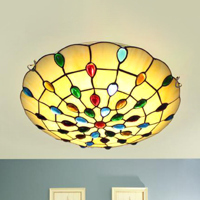 Beige/Yellow Bowl Flush Mount Light Rustic Loft Stained Glass 12