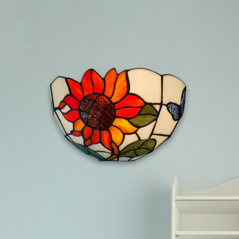 Sunflower Wall Lighting with Bowl Shade Stained Glass Rustic Tiffany Sconce Light White Clearhalo 'Industrial' 'Middle century wall lights' 'Tiffany wall lights' 'Tiffany' 'Wall Lamps & Sconces' 'Wall Lights' Lighting' 252750