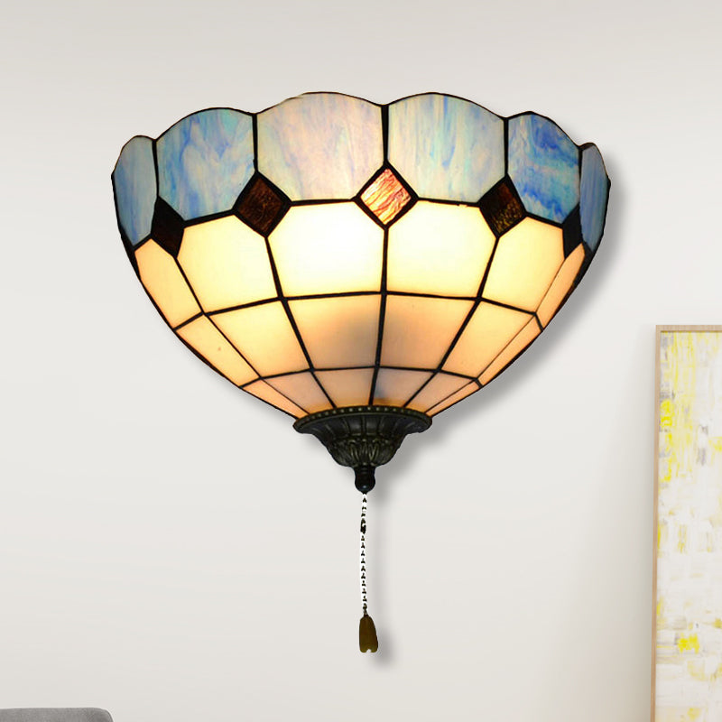 Tiffany Bowl Sconce Lighting with Pull Switch Stained Glass 1 Light Wall Lighting Blue Clearhalo 'Industrial' 'Middle century wall lights' 'Tiffany wall lights' 'Tiffany' 'Wall Lamps & Sconces' 'Wall Lights' Lighting' 252833