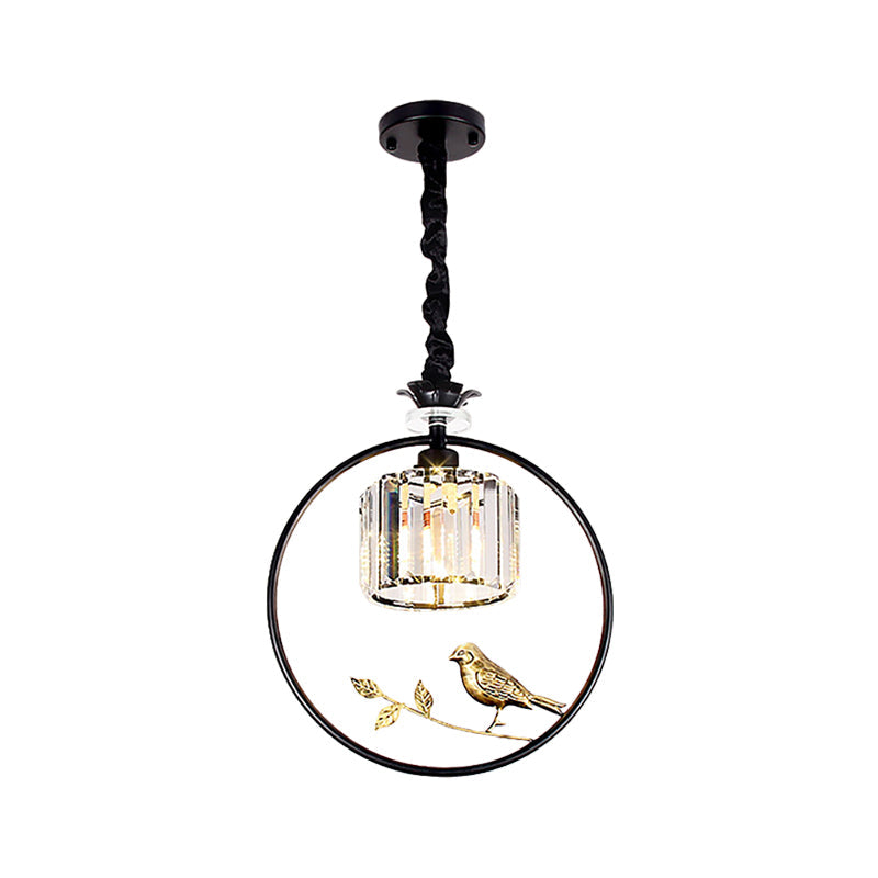 Cylinder Crystal Hanging Light Fixture Minimalist 1 Light Dining Room Pendant Lamp with Gold/Black Ring Clearhalo 'Ceiling Lights' 'Pendant Lights' 'Pendants' Lighting' 253255