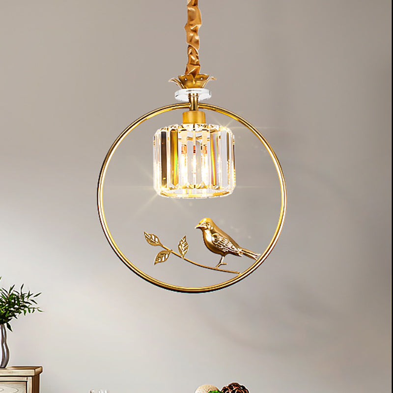 Cylinder Crystal Hanging Light Fixture Minimalist 1 Light Dining Room Pendant Lamp with Gold/Black Ring Clearhalo 'Ceiling Lights' 'Pendant Lights' 'Pendants' Lighting' 253258