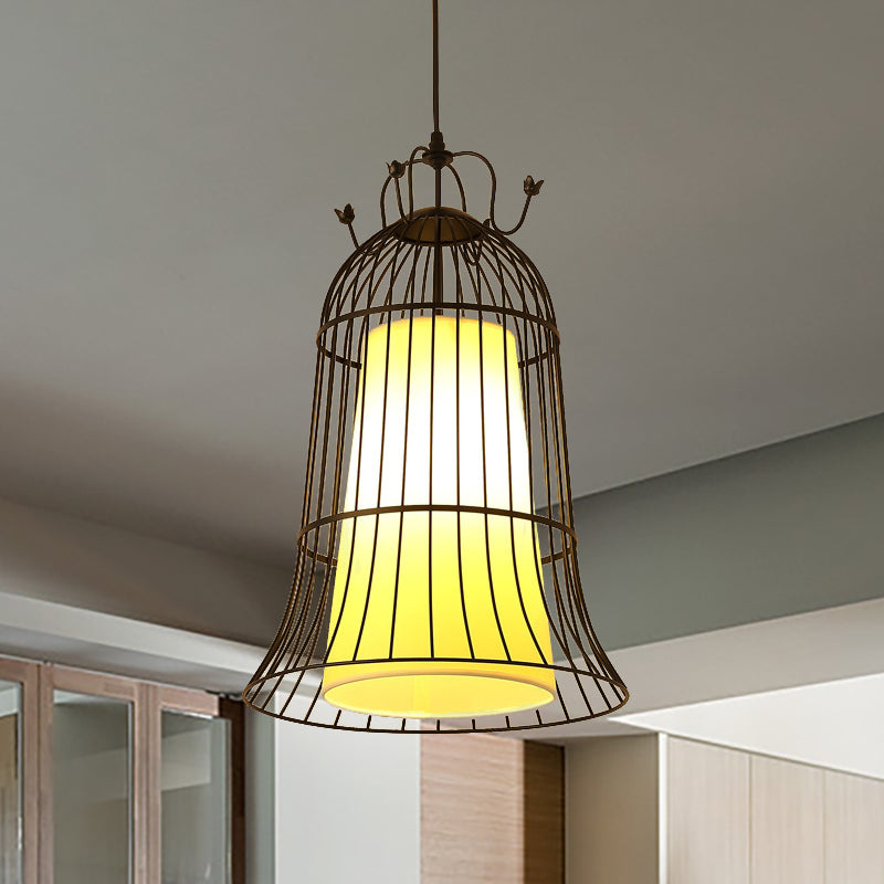 Bell White Glass Hanging Light Vintage 1 Light Dining Room Pendant Light with Black Wire Cage, 10