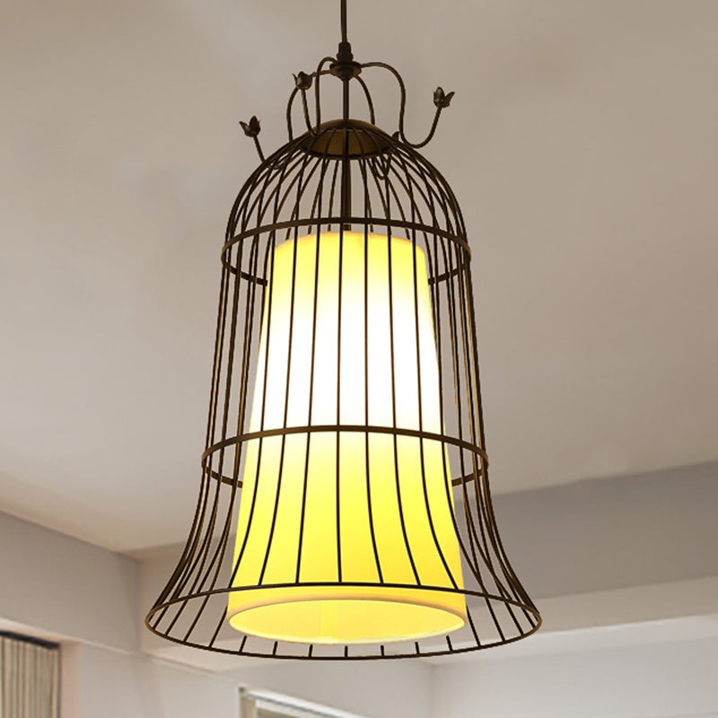 Bell White Glass Hanging Light Vintage 1 Light Dining Room Pendant Light with Black Wire Cage, 10