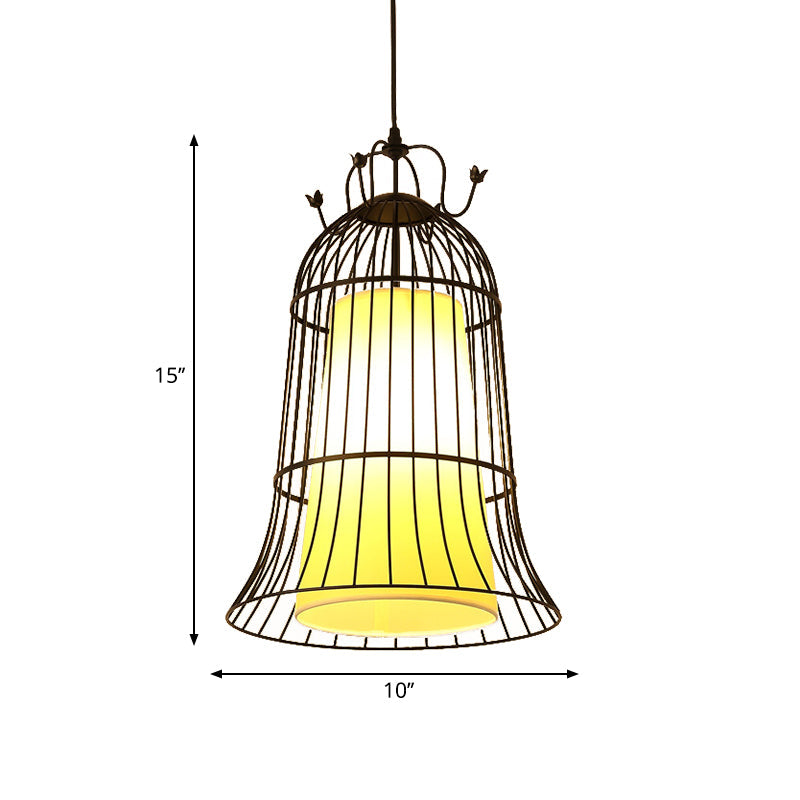 Bell White Glass Hanging Light Vintage 1 Light Dining Room Pendant Light with Black Wire Cage, 10