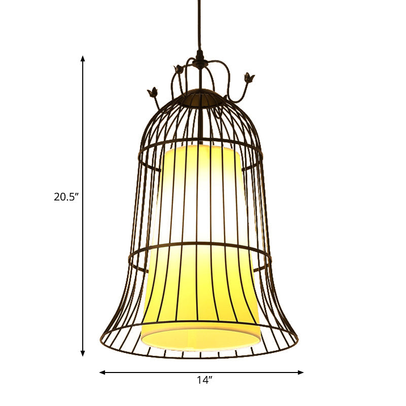 Bell White Glass Hanging Light Vintage 1 Light Dining Room Pendant Light with Black Wire Cage, 10