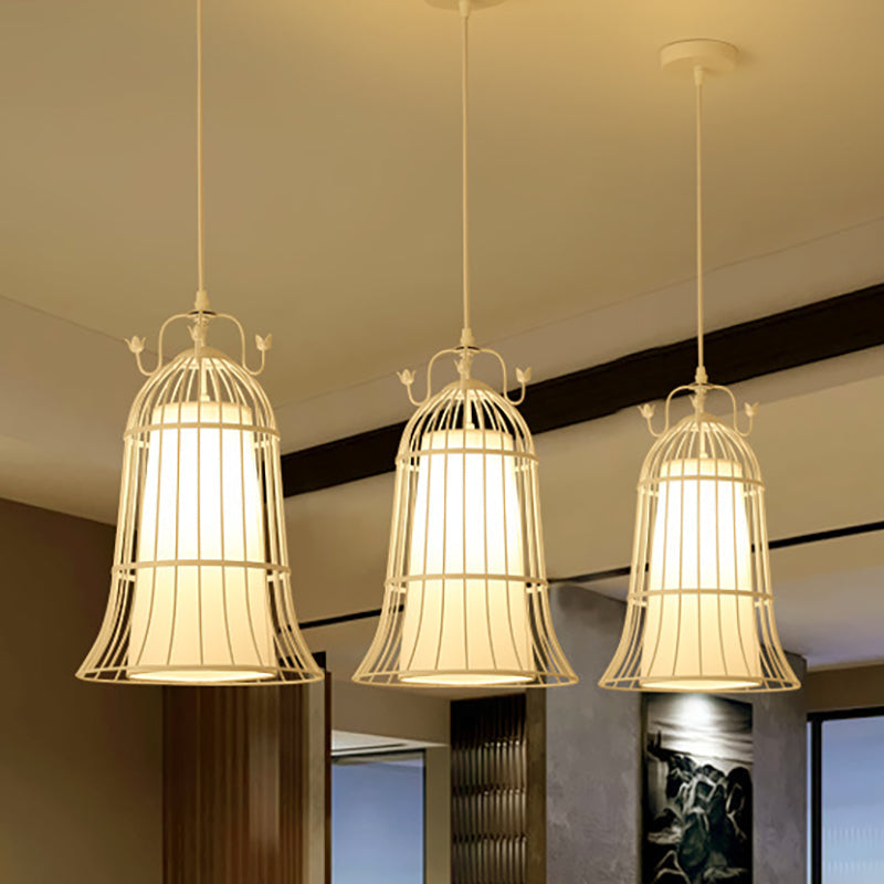 Bell White Glass Hanging Light Vintage 1 Light Dining Room Pendant Light with Black Wire Cage, 10