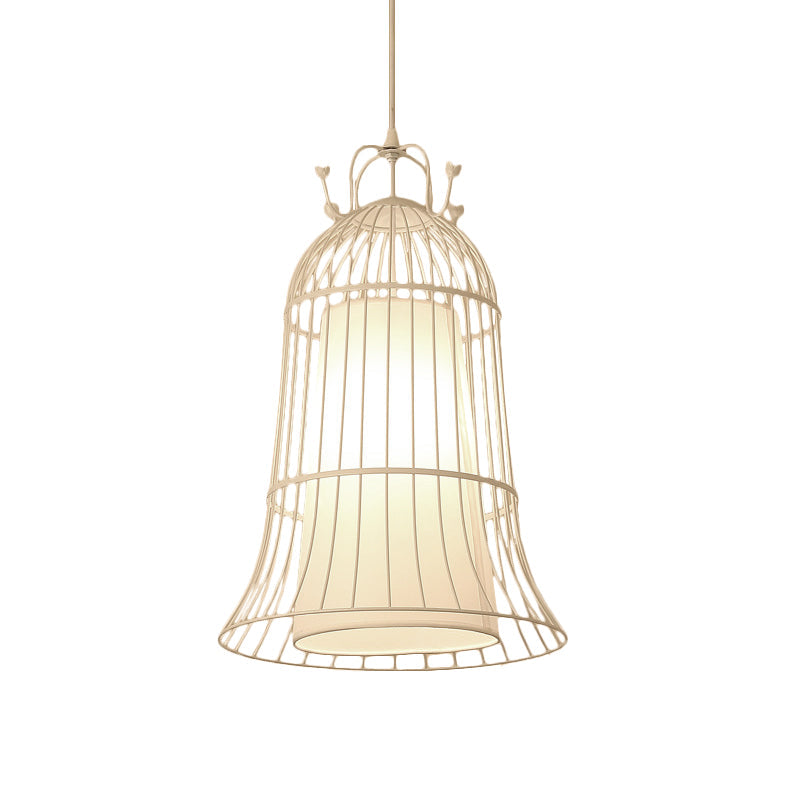 Bell White Glass Hanging Light Vintage 1 Light Dining Room Pendant Light with Black Wire Cage, 10