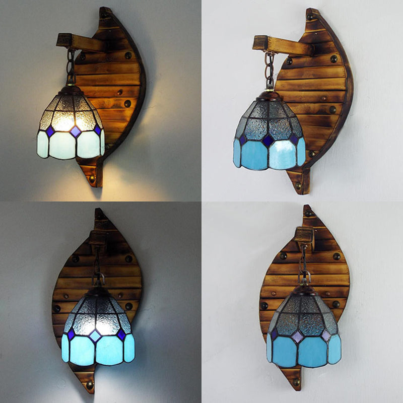 Blue Dome-Shaped Wall Mount Fixture Tiffany Style Stained Glass 1 Light 6