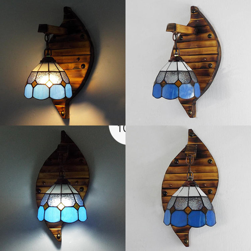 Blue Dome-Shaped Wall Mount Fixture Tiffany Style Stained Glass 1 Light 6