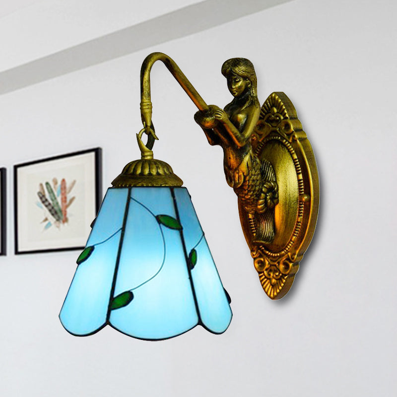 1 Head Sconce Lighting Tiffany Lily Blue/Yellow Glass Wall Mounted Light Fixture for Hallway Blue Clearhalo 'Industrial' 'Middle century wall lights' 'Tiffany wall lights' 'Tiffany' 'Wall Lamps & Sconces' 'Wall Lights' Lighting' 253486