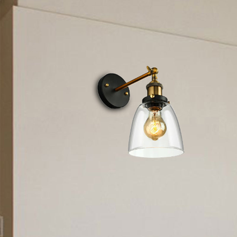 Tapered Bedroom Sconce Light Fixture Rustic Clear Glass 1 Light Black Wall Lamp with Plug-in Cord Clearhalo 'Cast Iron' 'Glass' 'Industrial wall lights' 'Industrial' 'Middle century wall lights' 'Modern' 'Tiffany' 'Traditional wall lights' 'Wall Lamps & Sconces' 'Wall Lights' Lighting' 253566