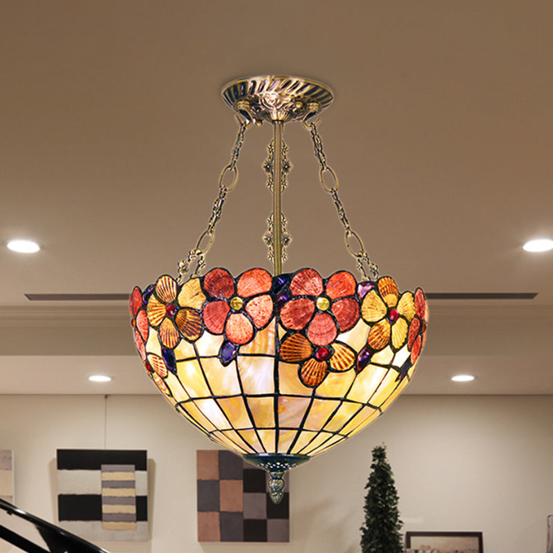 Bowl Ceiling Fixture Retro Style Stained Glass 3 Heads Flower Semi Flush Ceiling Fixture for Bedroom Lighting Beige Clearhalo 'Ceiling Lights' 'Close To Ceiling Lights' 'Close to ceiling' 'Semi-flushmount' 'Tiffany close to ceiling' 'Tiffany' Lighting' 253568