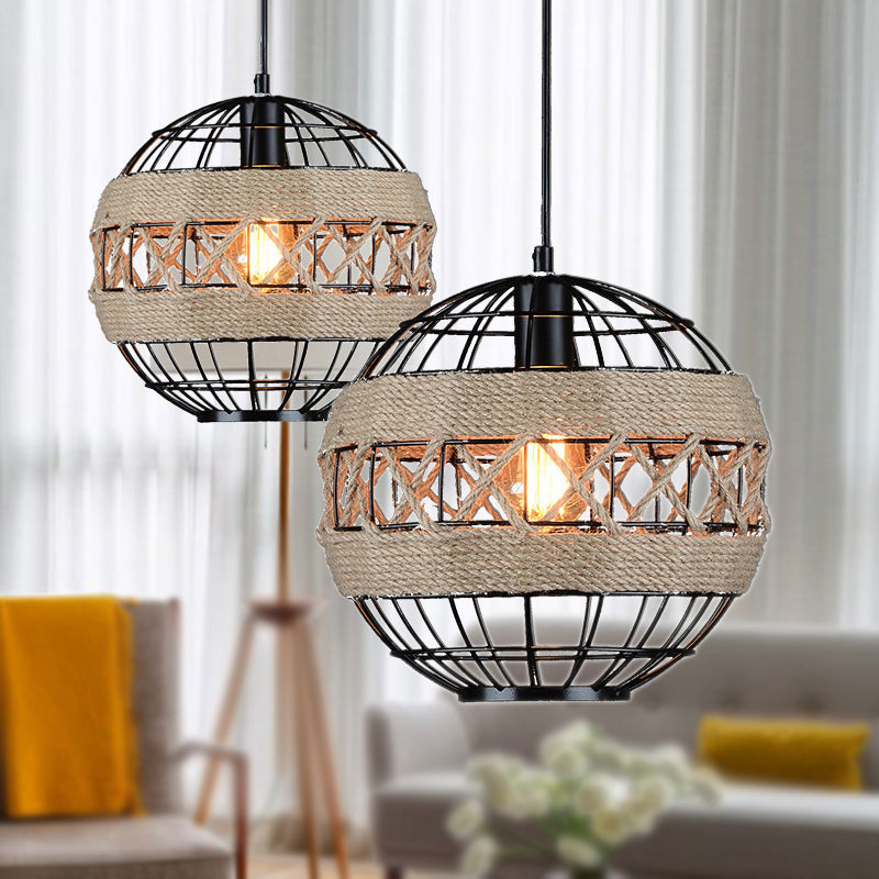 Sphere Pendant Lighting with Metal Frame and Rope Rustic 1 Light Hanging Ceiling Light in Black Clearhalo 'Art Deco Pendants' 'Black' 'Cast Iron' 'Ceiling Lights' 'Ceramic' 'Crystal' 'Industrial Pendants' 'Industrial' 'Metal' 'Middle Century Pendants' 'Pendant Lights' 'Pendants' 'Rustic Pendants' 'Tiffany' Lighting' 253855