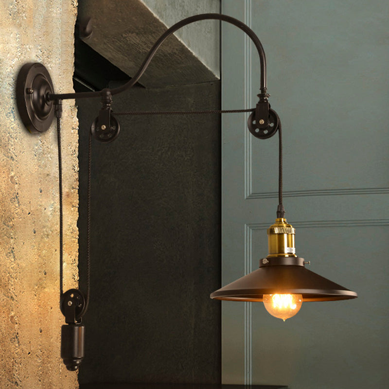 1 Bulb Flat Wall Mounted Lamp Industrial Style Black Metallic Adjustable Wall Lighting Fixture with Pulley Design Black Clearhalo 'Art deco wall lights' 'Cast Iron' 'Glass' 'Industrial wall lights' 'Industrial' 'Middle century wall lights' 'Modern' 'Rustic wall lights' 'Tiffany' 'Traditional wall lights' 'Wall Lamps & Sconces' 'Wall Lights' Lighting' 253892