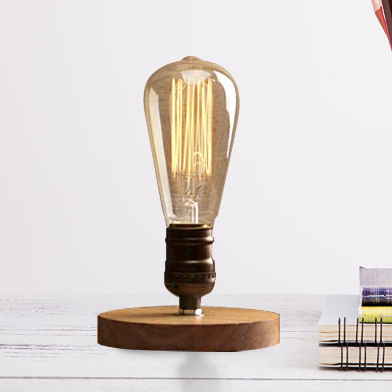 Wooden Circular Base Table Light with Exposed Bulb Farmhouse 1 Light Bedside Standing Lamp in Brass Clearhalo 'Lamps' 'Table Lamps' Lighting' 254180