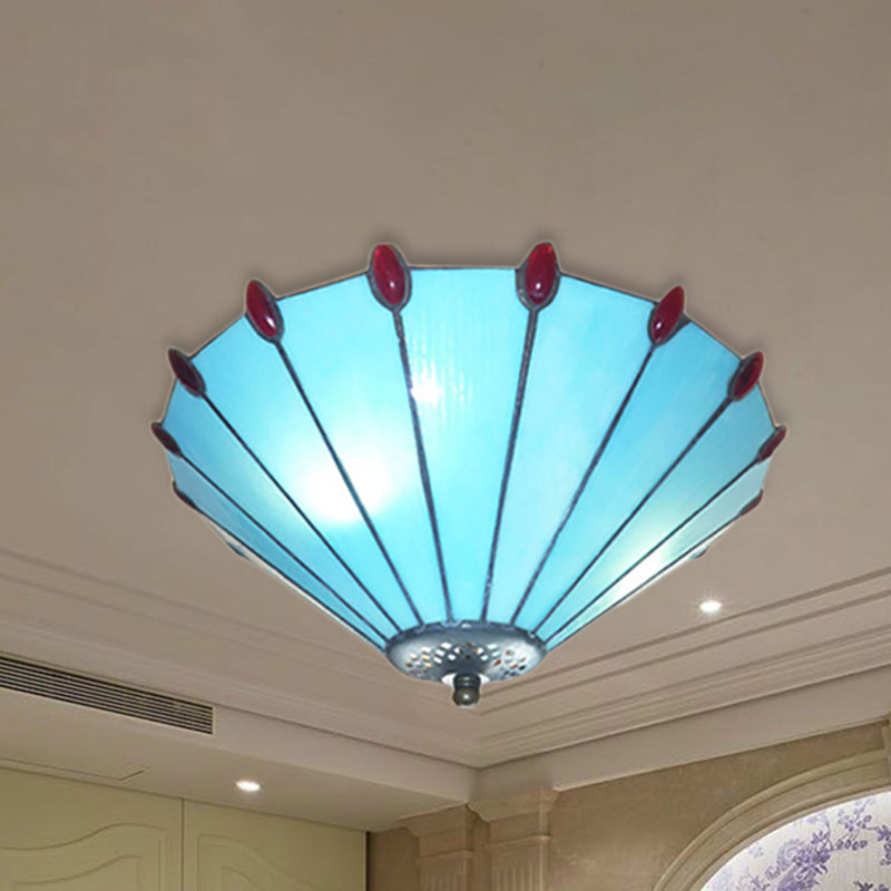 Tiffany Style Cone Ceiling Lamp Art Glass Blue Finish Flush Ceiling Light for Dining Room Blue Clearhalo 'Ceiling Lights' 'Close To Ceiling Lights' 'Close to ceiling' 'Flush mount' Lighting' 254377