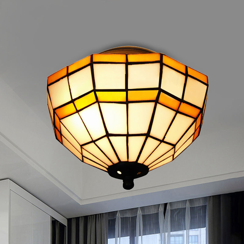 Tiffany Lattice Bowl Flush Mount Light Glass Yellow Ceiling Light for Study Room Yellow Clearhalo 'Ceiling Lights' 'Close To Ceiling Lights' 'Close to ceiling' 'Glass shade' 'Glass' 'Semi-flushmount' 'Tiffany close to ceiling' 'Tiffany' Lighting' 254387