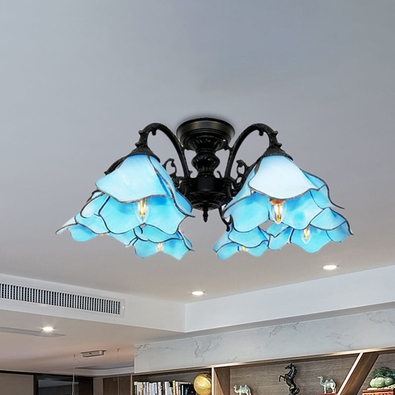 6 Lights Bookstore Flower Pendant Light Art Glass Tiffany Creative Blue Chandelier for Hotel Clearhalo 'Ceiling Lights' 'Close To Ceiling Lights' 'Close to ceiling' 'Glass shade' 'Glass' 'Pendant Lights' 'Semi-flushmount' 'Tiffany close to ceiling' 'Tiffany' Lighting' 254440