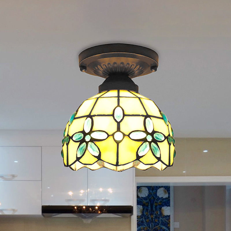 Mini Flush Ceiling Light with Crystal Flower Stained Glass Tiffany Flush Mount Light for Bedroom Clearhalo 'Ceiling Lights' 'Close To Ceiling Lights' 'Close to ceiling' 'Glass shade' 'Glass' 'Pendant Lights' 'Semi-flushmount' 'Tiffany close to ceiling' 'Tiffany' Lighting' 254497