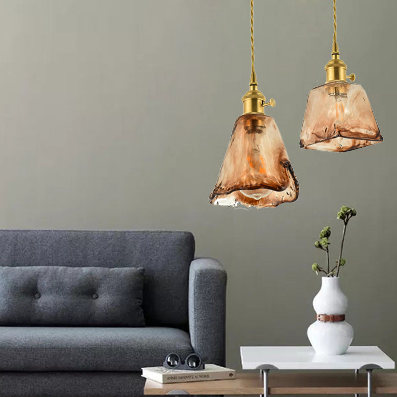 Brass Shaded Drop Pendant Vintage Handmade Tan Glass 1-Bulb Living Room Pendulum Light Clearhalo 'Ceiling Lights' 'Glass shade' 'Glass' 'Industrial Pendants' 'Industrial' 'Middle Century Pendants' 'Pendant Lights' 'Pendants' 'Tiffany' Lighting' 2546611