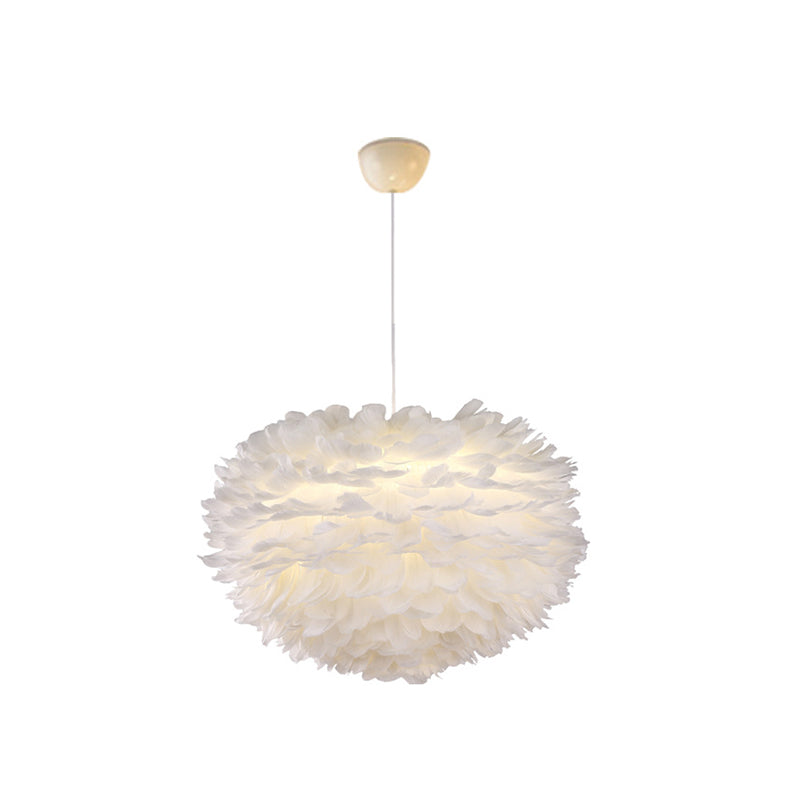 White Globe Shaped Hanging Chandelier Nordic Style Feather Suspended Lighting Fixture White 17