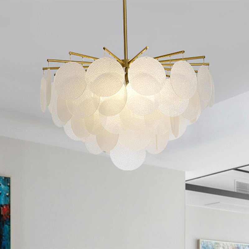 Tiered Discs Suspension Lighting Modern Dining Room Ceiling Chandelier in Brass-White Brass Glass Clearhalo 'Ceiling Lights' 'Chandeliers' 'Glass shade' 'Glass' 'Modern Chandeliers' 'Modern' 'Pendant Lights' Lighting' 2546954