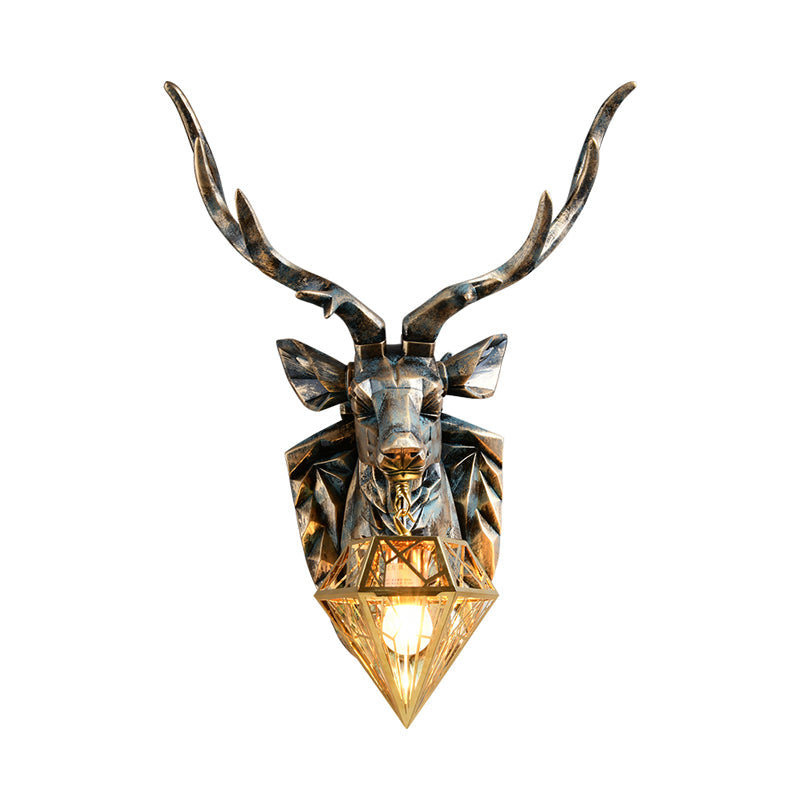 Vintage Diamond Brass Metal Sconce Light 1 Light Wall Lamp with Resin Deer Decoration, 16