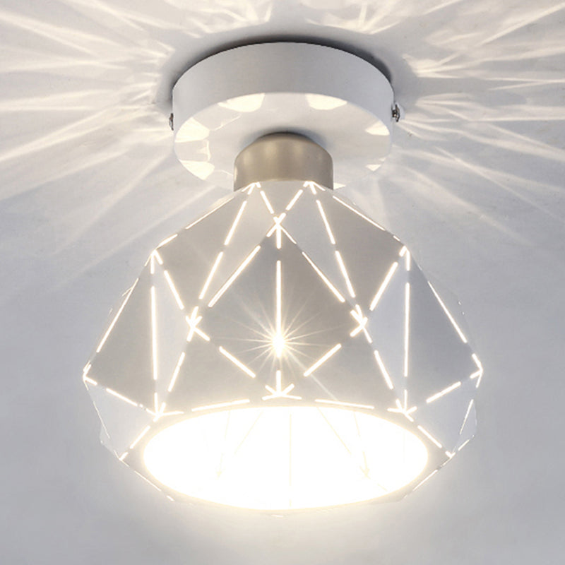 White Hollow Polyhedron Flush Ceiling Light 1 Light Simple Style Metallic Ceiling Lamp for Study Room White Clearhalo 'Ceiling Lights' 'Close To Ceiling Lights' 'Close to ceiling' 'Semi-flushmount' Lighting' 254918